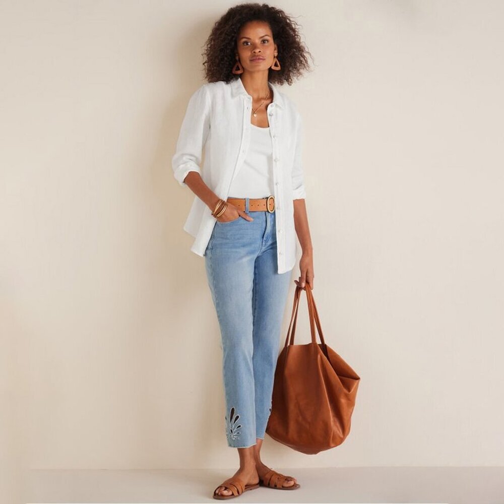 Soft Surroundings Catalina Women’s Sz 14 Jeans Light Wash Cutout Cropped Raw Hem